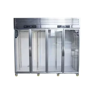 Commercial Upright Meat Display Case with Glass Door, Triple Hanging Rod Design, and Refrigeration Unit