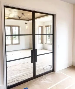 Contemporary Black Steel Double French Glass Doors Clear Interior Bathroom Doors For Apartments