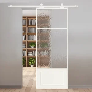 Contemporary Chinese Style Glass Barn Door with Minimalist Aluminum Frame for Living Room Bedroom Kitchen