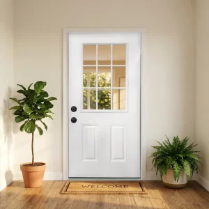 Contemporary French Fiberglass Exterior Front Door with Low-E Glass, 9-Lite Villa Entry