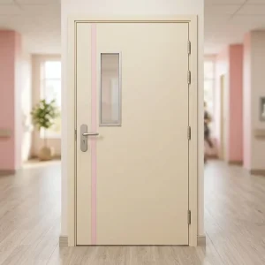 Cream Hospital Maternity Ward Swing Door with Glass Window and Pink Stripe, Medical-Grade Patient Door