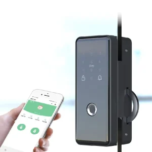 Curved Hook Latch Fingerprint Door Lock for Sliding or Swing Frameless Glass and Framed Aluminum Doors WiFi App Lock