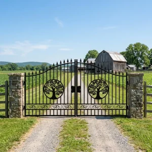 Custom 14ft Wrought Iron Driveway Gate with Tree of Life Design for Villa Garden Main Entrance