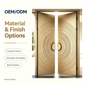 Custom Aluminum Alloy Security Swing Entry Door with CNC Radial Pattern, Gold-Tone 3D Embossing, Thermal and Anti-Theft Features