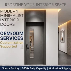 Custom Aluminum-Wood Composite Interior Door with Vertical Long-Vision Glass Window and Minimalist Modern Design