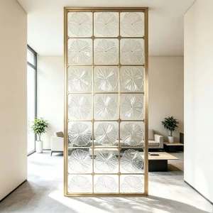 Custom Art Carved Glass Partition with Golden Metal Frame for Reception Area