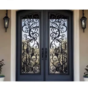 Custom Black Wrought Iron Security Exterior Double French Glass Door