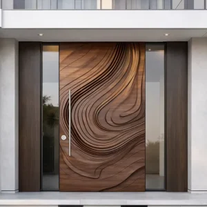 Custom CNC-Carved Wooden Door with Wave Texture and Finished Surface
