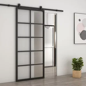 Custom Interior Bathroom Bedroom Barn Door Black Frosted Striped Glass Sliding Solid Barn Door