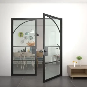 Custom Loft Style Arched Steel and Fluted Glass Double Swing French Door with Lock