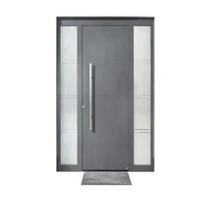 Custom Manual Modern Front Entry Door and Window Set Gray Metal Single Door with Frosted Glass Side Panels