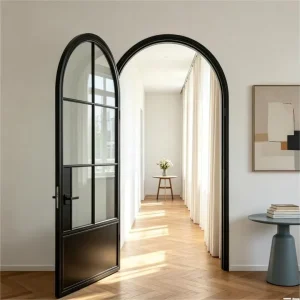 Custom Metal Frame Swing Glass Door with Arched Shape for Interior Use
