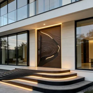 Custom Modern 3D Wood Grain Aluminum Carved Pivot Entry Door