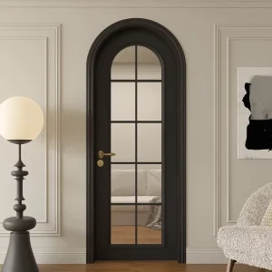 Custom Modern Arched Slab Door, Black Solid Wood Retro French Style Bedroom Interior Door with Stainless Steel Screen Netting