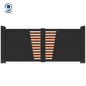 Custom Modern Black Powder Coated Aluminum Asymmetrical Wood Grain Inset Driveway Gate for Residential Villa Entrance
