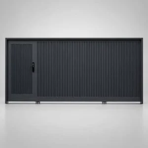 Custom Size Aluminium Sliding Gate with Built-in Small Door and Vertical Strip Panels for Villa Entrance