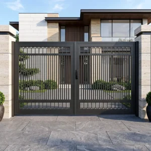 Custom Size Black Powder Coated Aluminium Privacy Fence Gate Modern Villa Automatic Swing Entrance Gate for Home Exterior