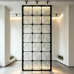 Custom Size Interior Art Glass Room Divider with Ornate Flower Pattern Carved Glass Partition Screen
