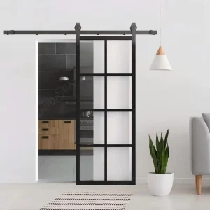 Custom Size Interior Sliding Barn Door Black Aluminum Metal Frame Waterproof Interior Kitchen Bathroom Frosted Glass Barn Door