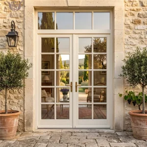 Custom Solid Oak Wood Exterior Entry Door with Glass Grids Double French Casement Door