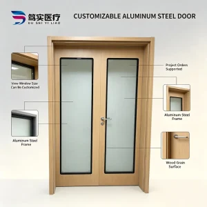 Custom Wood Grain Aluminum Alloy Double Swing Door with Tempered Glass Window, Large Size, Antibacterial