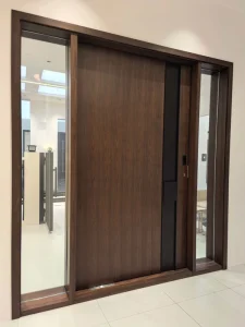 Custom Wood Grain Finish Aluminum Off-Axis Entry Door for Offices, Villas, and Art Spaces
