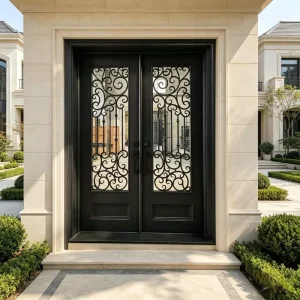 Custom Wrought Iron Door with Weatherproof EPDM Seals, Scrollwork, and Insulated Frame