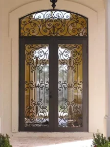 Customizable Wrought Iron Entry Door with Decorative Scrollwork, Weather-Resistant, for Hotel Lobby or Mansion Foyer