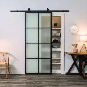 Customize Black Grid Frosted Glass Barn Door Industrial Style for Modern Closets and Offices