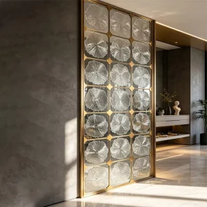 Customized Carved Art Glass Room Divider with Metal Frame Glass Partition Screen