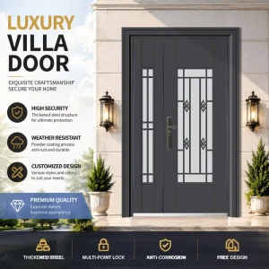 Customized Modern Swing Glass Entrance Doors with Anti Theft Feature Steel Frame for Villa and House Front Entry