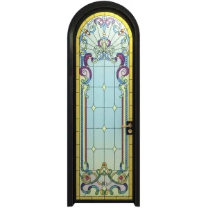 Customized Size Double Arched Stained Glass White Paneled Interior Door with Brass Handle for Villa Hotel