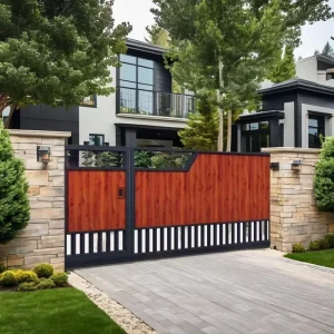 Customized Size Metal Swing Gate Wood Grain Aluminum Sliding Door for Villa Entrance Driveway Garden Fence Outdoor Use W001