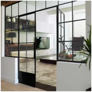 Customized Steel Tempered Frosted Glass Doors Black Casement Iron Security Glass Doors With Fixed Part