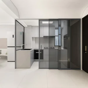 Customized Ultra Narrow Border Black Aluminum Sliding Door with Changhong Fluted Glass for Study Space Saving