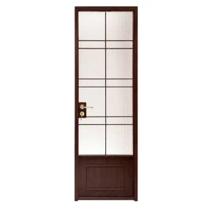 Dark Brown Wooden Interior Door with Frosted Glass Grid Pattern, Brass Lever Handle and Key, Bedroom