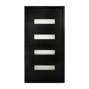 Dark Gray Modern Fiberglass Exterior Entry Door with 5 Horizontal Frosted Glass Panels