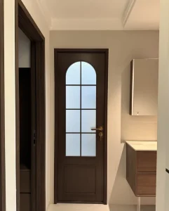 Dark Walnut Composite Arched Glass Rolling Pull Minimalist Finished Moisture Proof Interior Bathroom Door
