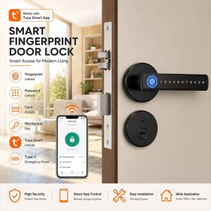 Door Handle Set with Password, Card, and Fingerprint Unlock, Wireless Digital Smart Lock
