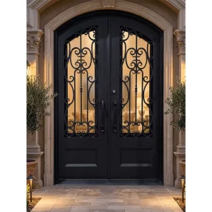 Double Glass Wrought Iron Doors Unequal Leaf Tempered Glass Main Entrance for Residential