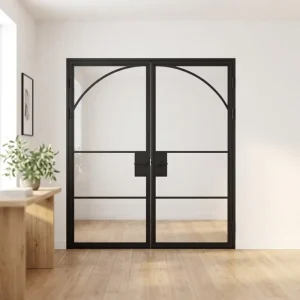 Double Leaf Steel Glass Door Matte Black Finish Tempered Safety Glass Swing Action Suitable for Home Office Partition