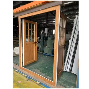 Double-Panel Swing Doors with Wood-Look Finish and Double-Glazed Safety Glass