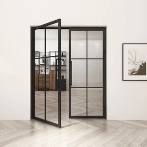 Double Steel Frame Sliding Glass Swing Door with French Style Finished Surface Hinges for Interior Apartment Side Opening