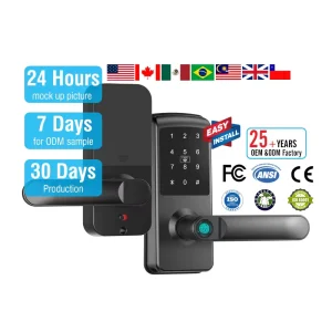 Electric Smart Door Lock with Fingerprint, Memory Card, Password and Key Lever Handle for Office Home Wood Doors