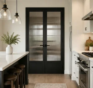 Elegant Steel Glass Door with Frosted Fluted Glass Black Metal Frame Door for Modern Interior Decoration