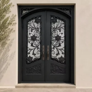 European Arched Large Floral Carved Wrought Iron Double Door Black Vintage Tempered Glass Villa Entry Double Gate