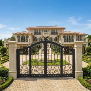 European Style Wrought Iron Courtyard Gate with Gold Filigree for Villa