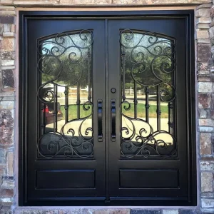 European Tempered Glass Exterior Double Security Front Entry Wrought Iron Door for Houses