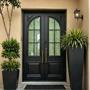 Exterior Residential Arched Black Aluminum Security Door with Hurricane Impact-Resistant Heat-Insulated Textured Glass