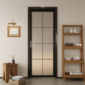 Extra-Narrow Minimalist Aluminum Alloy Glass Door with Manual Opening, Black and White Sound Insulation, Oil-Frosted Glass